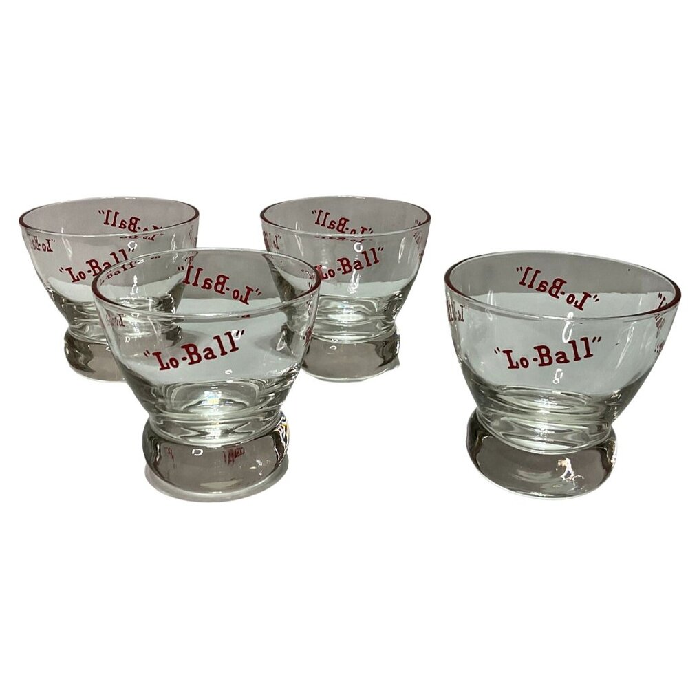 Vtg Eva Zeisel Lo Ball Glasses Set of 4 Footed Red Lettering Mid Century Modern